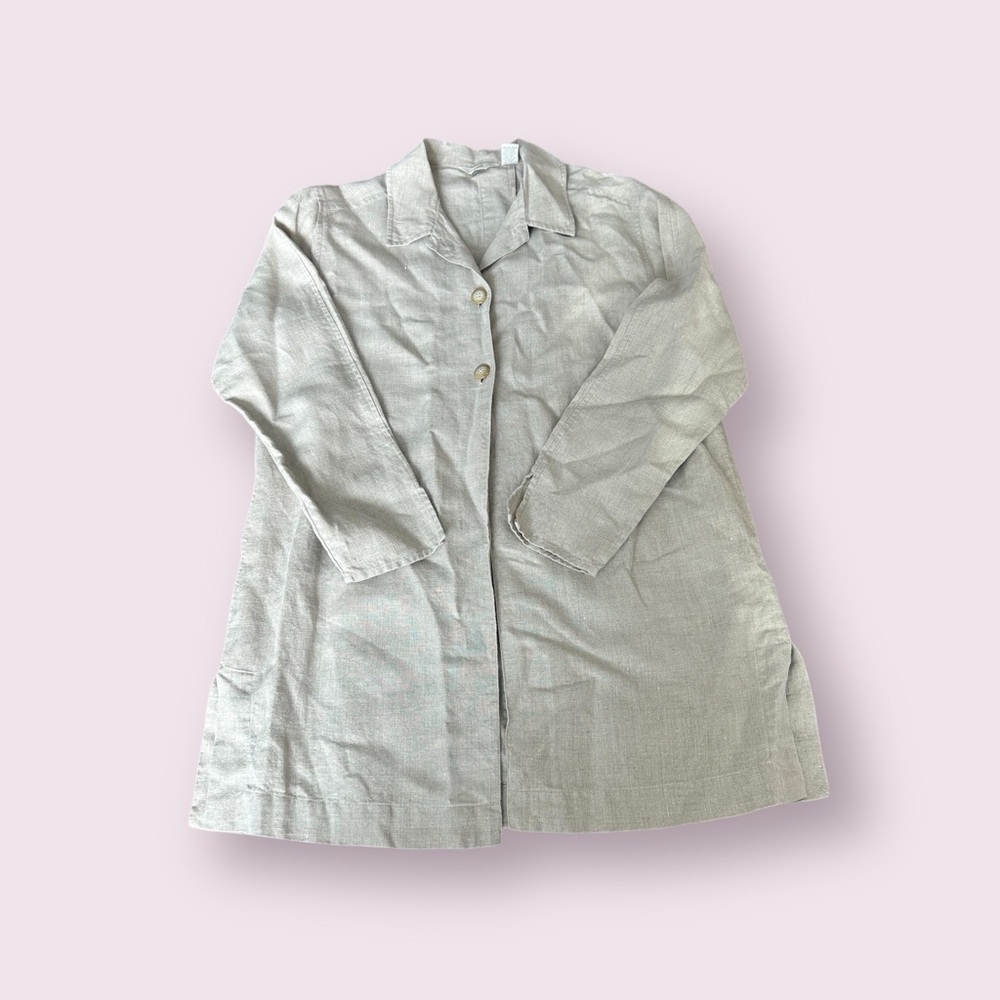 J. Jill Women’s 100% Linen Long Button Front Wheat Color Shirt Coat Size 6 Tall